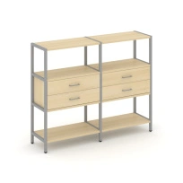 Двухсекционный стеллаж трехъярусный с ящиками Shelf System SN.STM-322 Тиквуд Светлый/Металл Серый 1590×400×1246