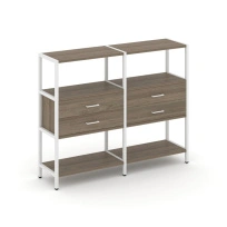 Двухсекционный стеллаж трехъярусный с ящиками Shelf System SN.STM-322 Тиквуд Светлый/Металл Белый 1590×400×1246
