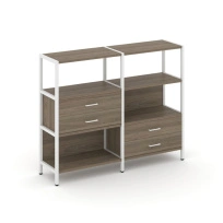 Двухсекционный стеллаж трехъярусный с ящиками Shelf System SN.STM-323 Тиквуд Светлый/Металл Белый 1590×810×1246