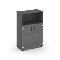 Шкаф для документов средний широкий со стеклянными дверьми Style Project SN.STS.E-202 / Белый – Тиквуд Светлый – Прозрачный – Черные ручки / 796×400×1203