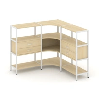 Трехсекционный угловой стеллаж трехъярусный с ящиками Shelf System SN.STMU-331 Тиквуд Светлый/Металл Белый 1590×810×1246