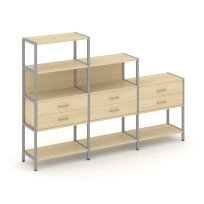 Трехсекционный стеллаж четырех/трех/двухярусный с ящиками Shelf System SN.STM-431 Тиквуд Светлый/Металл Серый 2730×810×1613