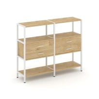 Двухсекционный стеллаж трехъярусный с ящиками Shelf System SN.STM-322 Тиквуд Светлый/Металл Белый 1590×400×1246