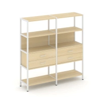 Двухсекционный стеллаж четырехъярусный с ящиками Shelf System SN.STM-422 Тиквуд Светлый/Металл Белый 1590×400×1613