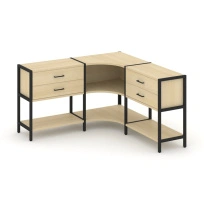 Трехсекционный угловой стеллаж двухярусный с ящиками Shelf System SN.STMU-231 Тиквуд Светлый/Металл Черный 1590×810×879