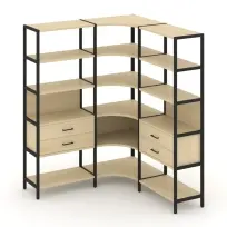 Трехсекционный угловой стеллаж пятиярусный с ящиками Shelf System SN.STMU-531 Тиквуд Светлый/Металл Черный 1590×810×1980