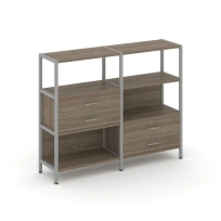 Двухсекционный стеллаж трехъярусный с ящиками Shelf System SN.STM-323 Тиквуд Светлый/Металл Серый 1590×810×1246