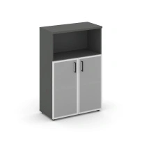 Шкаф для документов средний широкий со стеклянными дверьми Style Project SN.STS-203 / Белый – Тиквуд Светлый – Сатин – Черные ручки / 796×400×1203 /