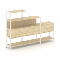 Трехсекционный стеллаж четырех/трех/двухярусный с ящиками Shelf System SN.STM-431 Тиквуд Светлый/Металл Белый 2730×810×1613