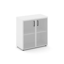 Шкаф для документов низкий широкий со стеклянными дверьми Style Project SN.STS.E-303 / Белый – Тиквуд Светлый – Сатин – Черные ручки / 796×400×833