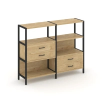 Двухсекционный стеллаж трехъярусный с ящиками Shelf System SN.STM-323 Тиквуд Светлый/Металл Черный 1590×810×1246