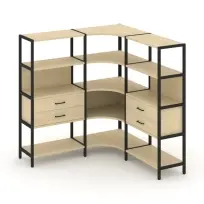 Трехсекционный угловой стеллаж четырехъярусный с ящиками Shelf System SN.STMU-431 Тиквуд Светлый/Металл Черный 1590×810×1613