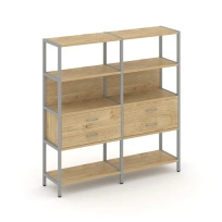 Двухсекционный стеллаж четырехъярусный с ящиками Shelf System SN.STM-422 Тиквуд Светлый/Металл Серый 1590×400×1613
